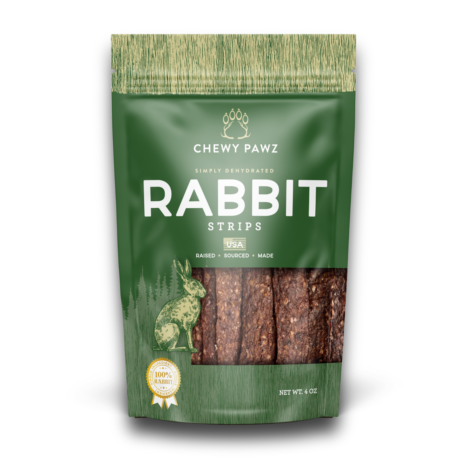 Green package of Chewy Pawz Rabbit Strips on a white background