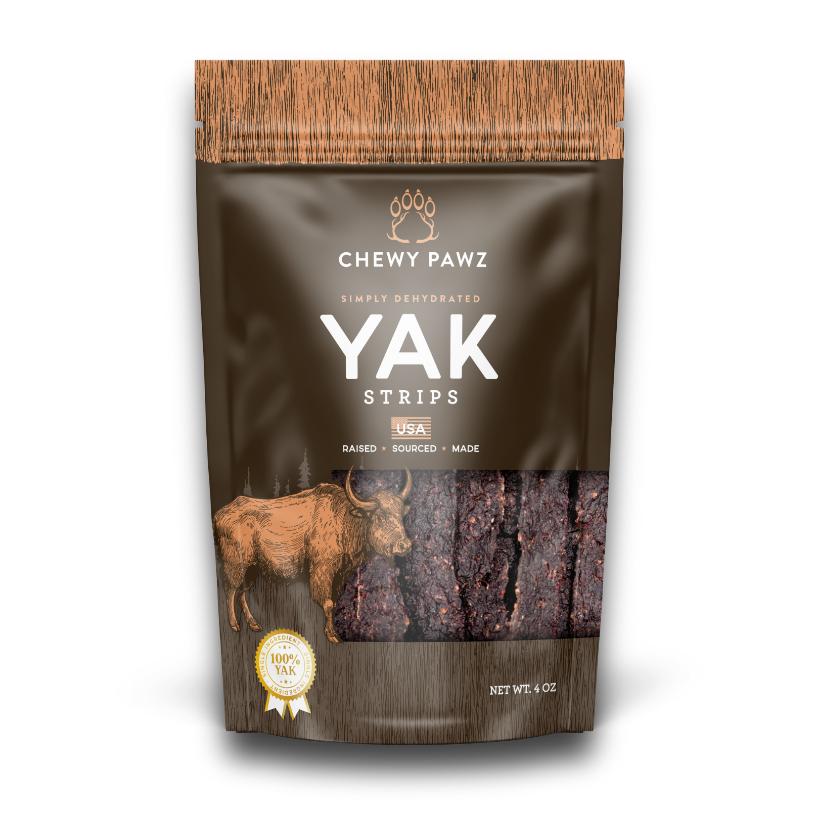 Package of Chewy Pawz Yak Strips on a white background
