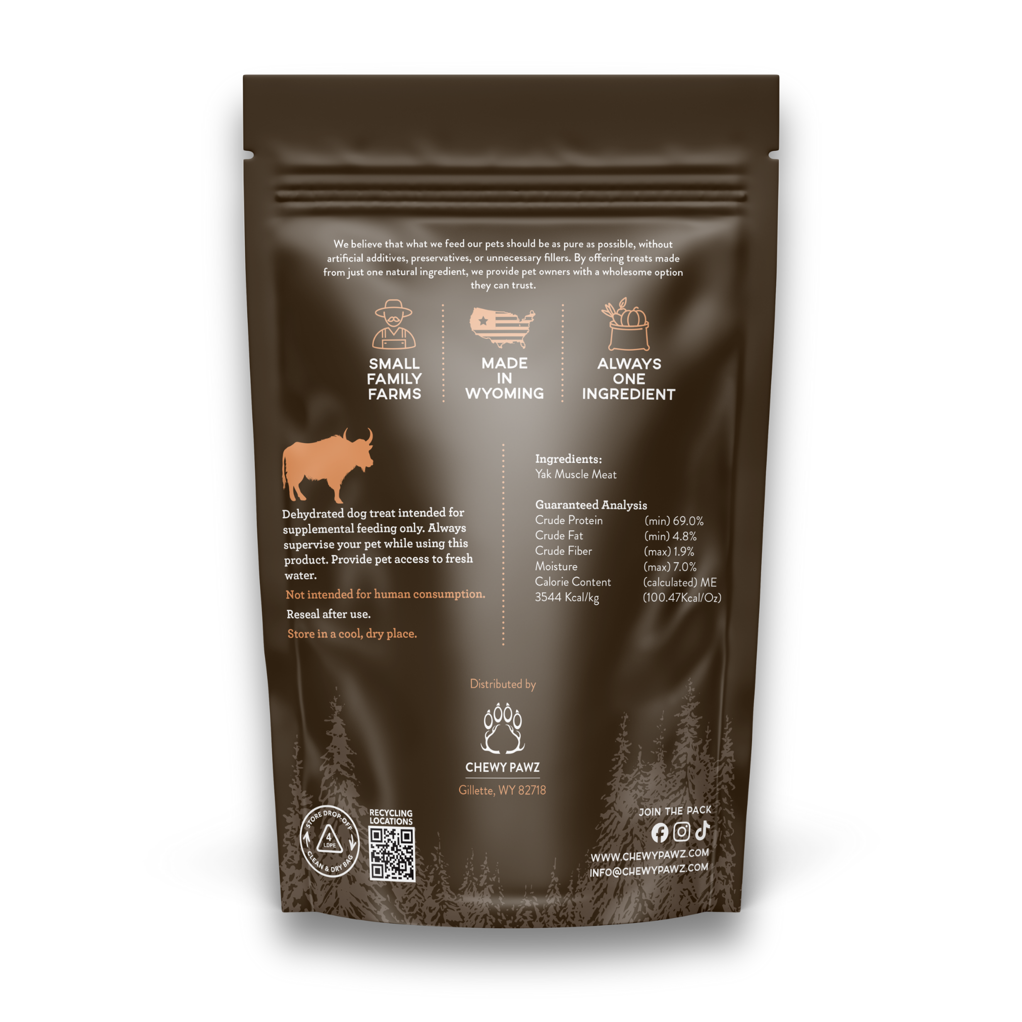 Back side of brown yak treat bag showing nutritional information