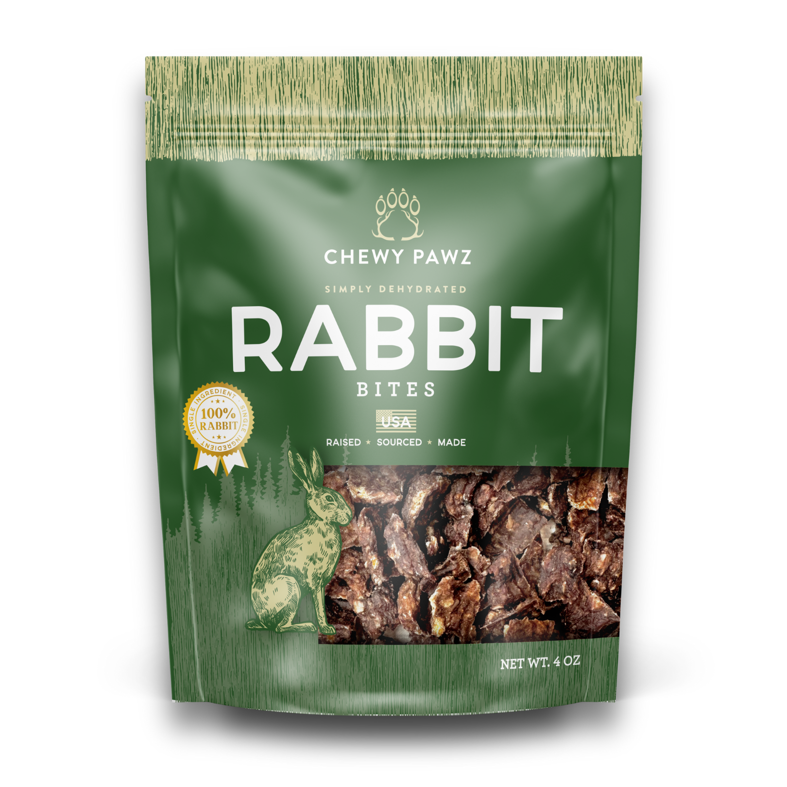 Green package of Chewy Pawz Rabbit Bites on a white background